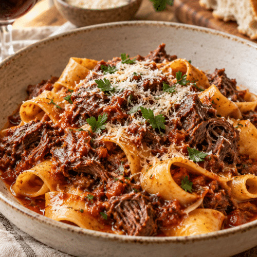 beef cheek ragu pasta in a bowl
