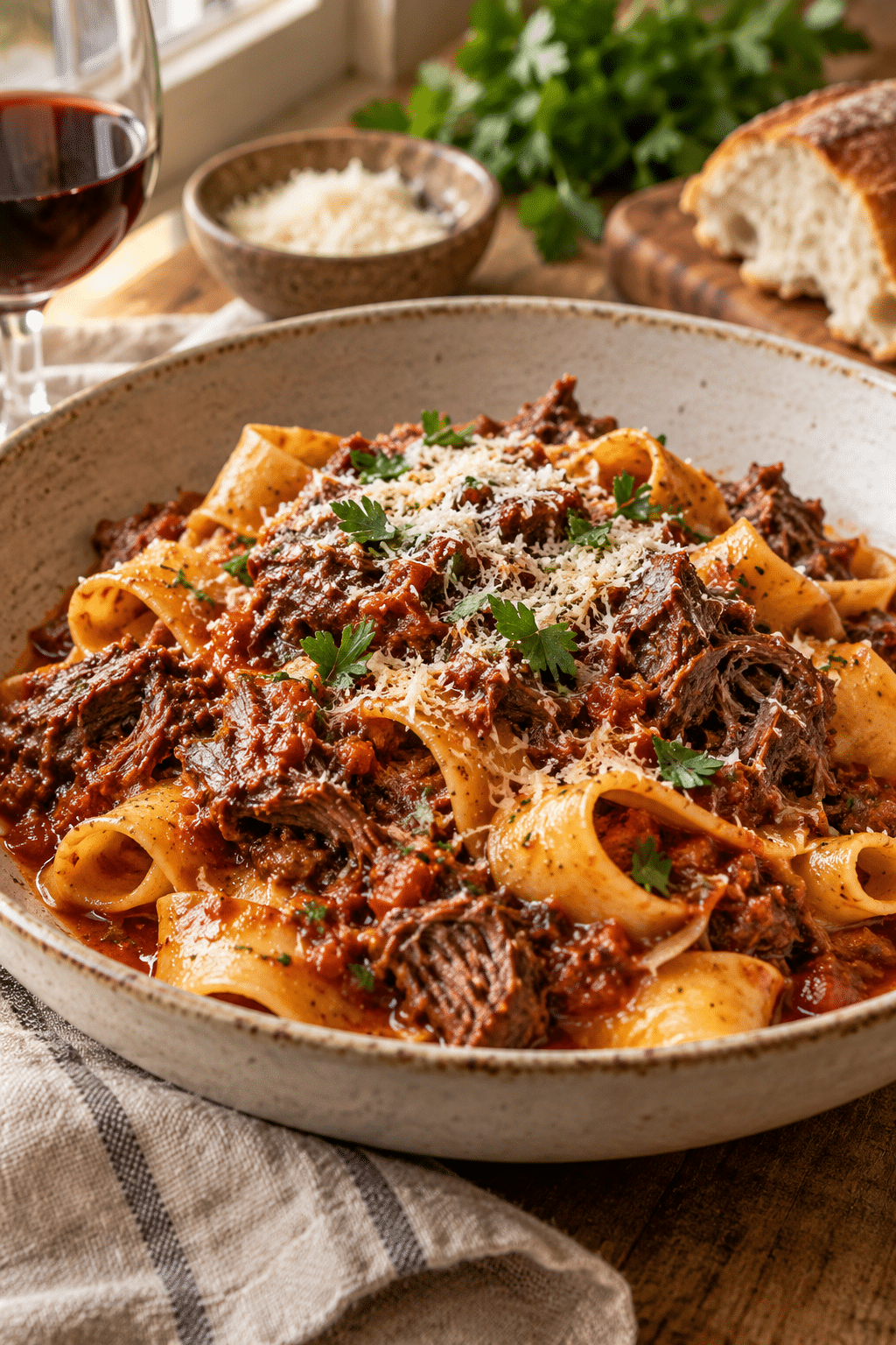 beef cheek ragu pasta in a bowl
