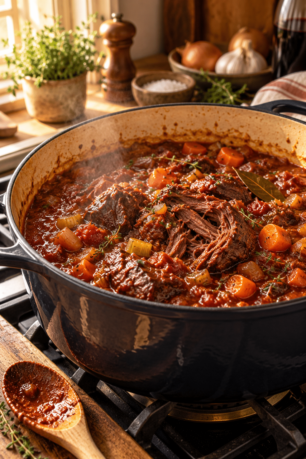 beef cheek ragu pasta simmering in a Dutch oven