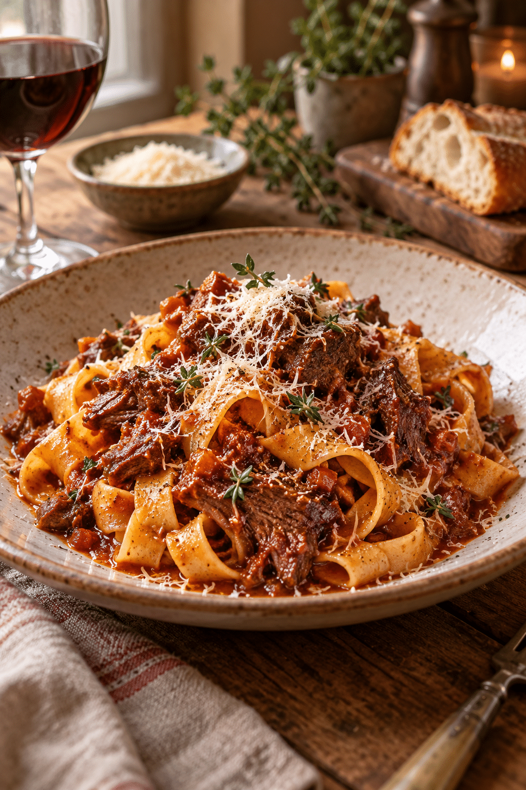 finished beef cheek ragu pasta with Parmesan