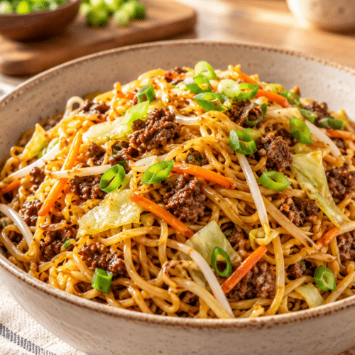 Beef chow mein noodles with ground beef and vegetables