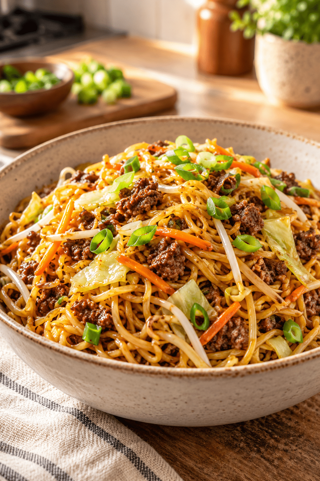 Beef chow mein noodles with ground beef and vegetables
