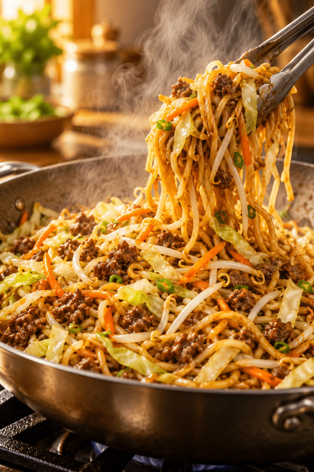 Beef chow mein noodles tossed with vegetables and sauce