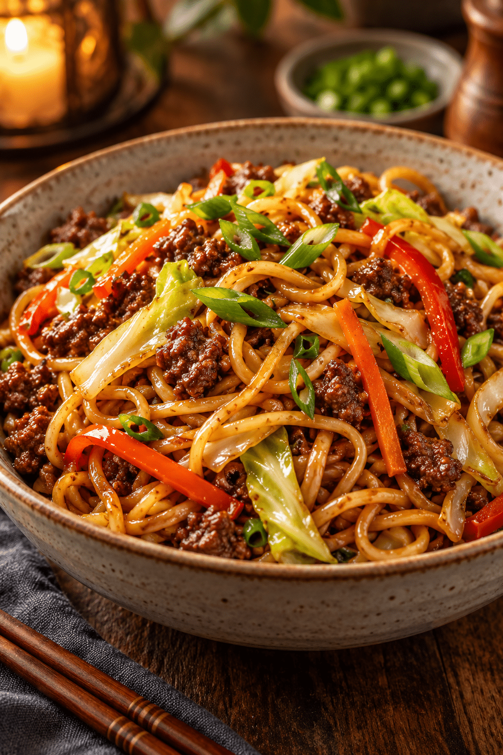 Finished beef chow mein noodles in a bowl