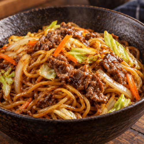 Beef yakisoba with beef and vegetables