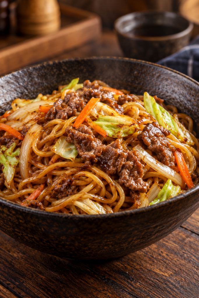 Beef yakisoba with beef and vegetables