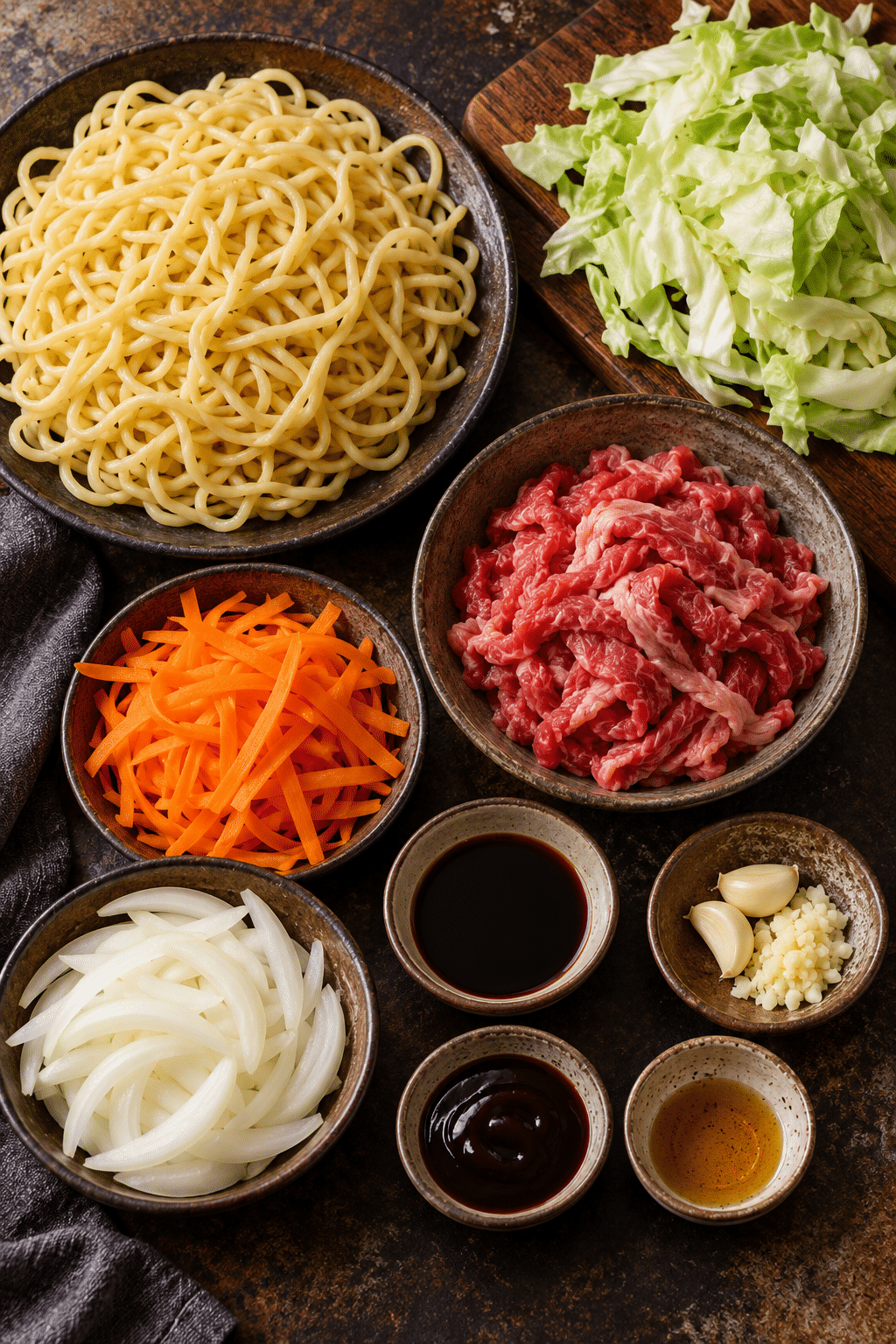 Beef yakisoba ingredients arranged for cooking