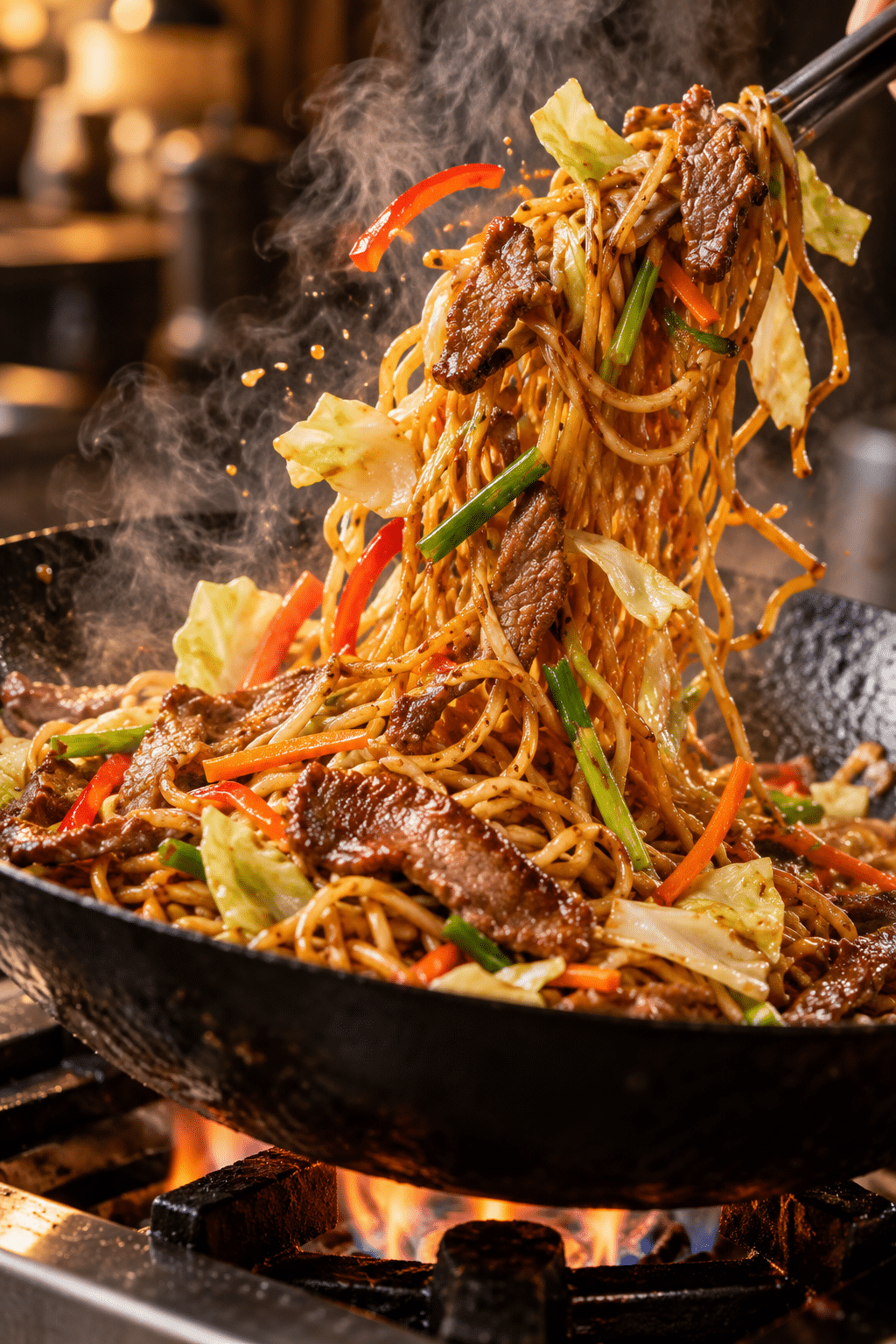 Beef yakisoba tossed in a skillet