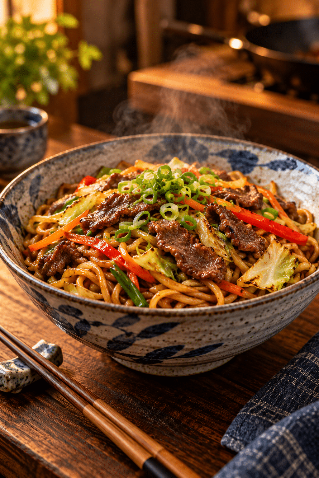 Finished beef yakisoba served in a bowl