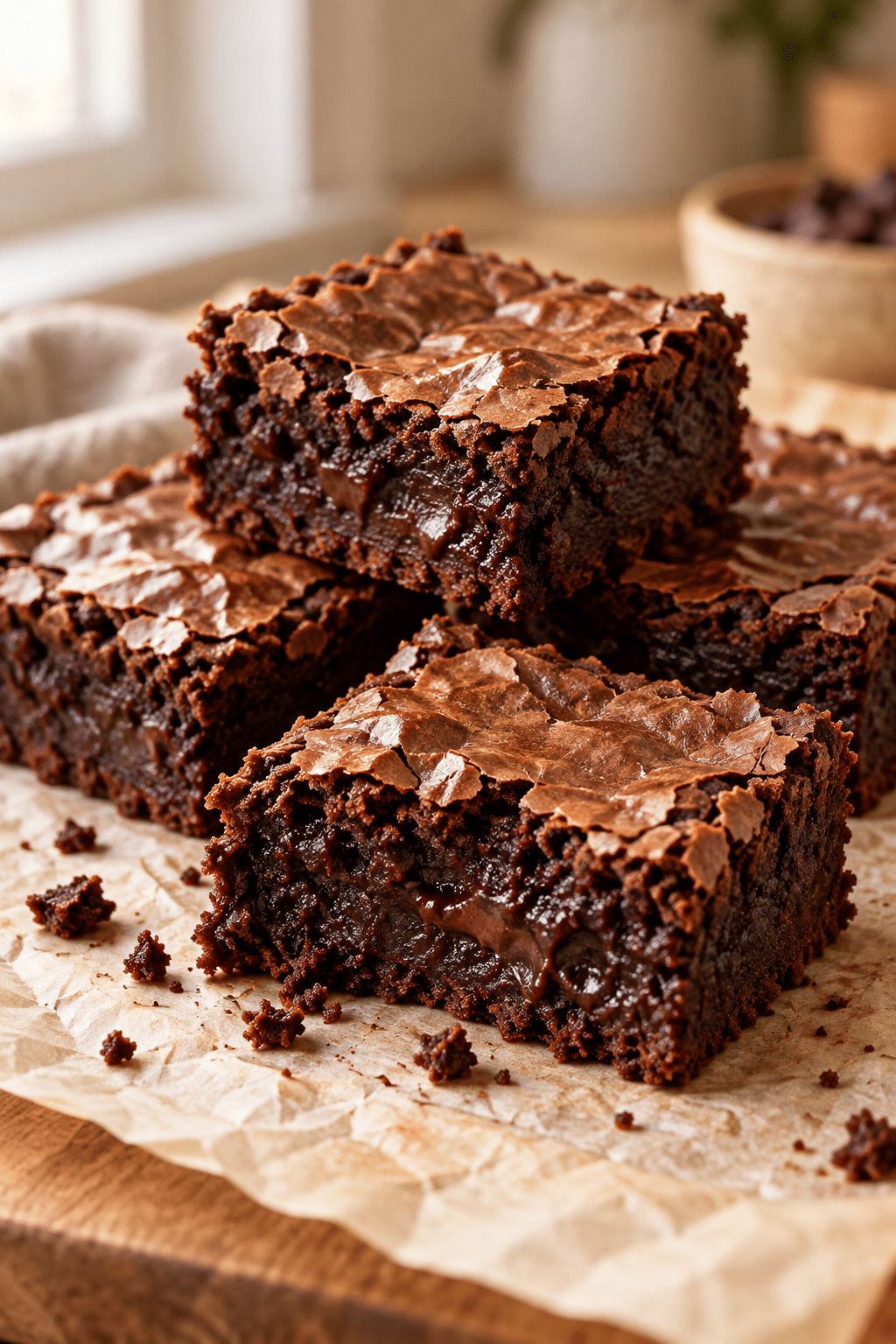 chewy brownies with a shiny crust