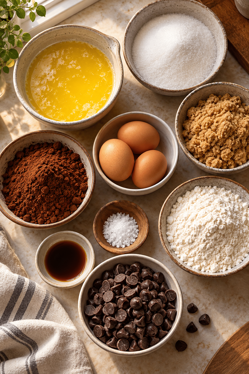 ingredients for chewy brownies measured beside a mixing bowl