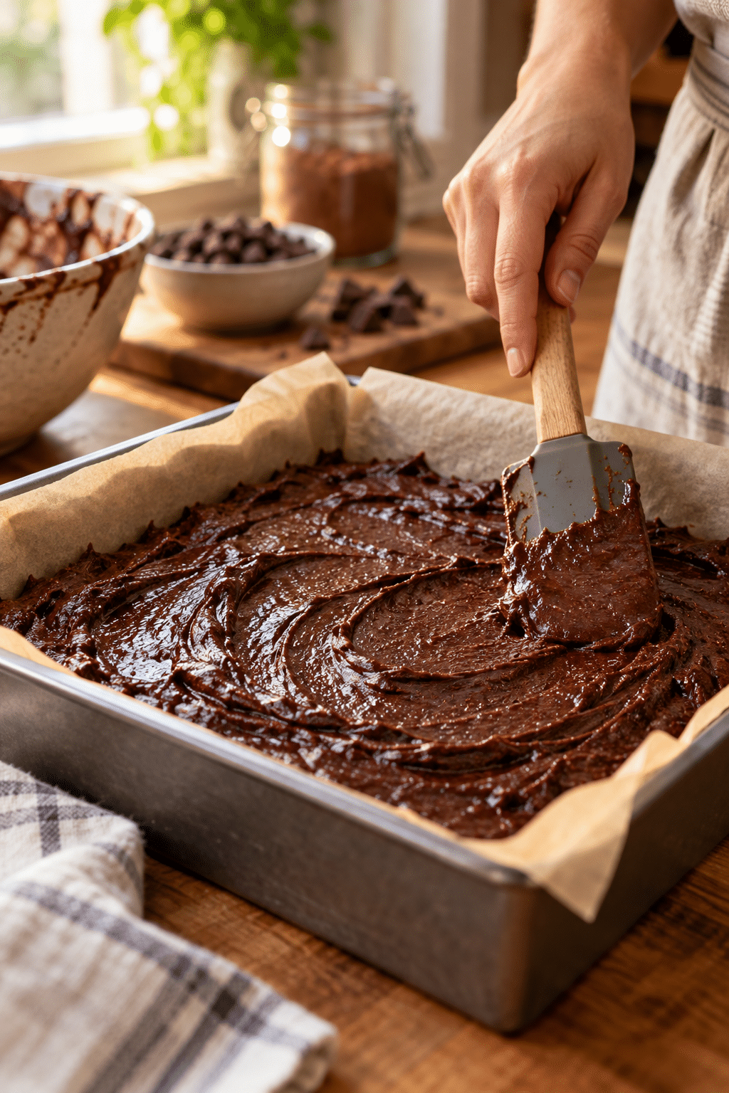 chewy brownie batter spread in a lined baking pan