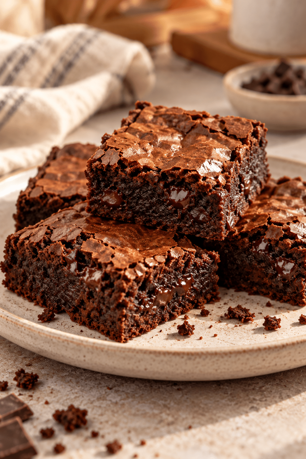 sliced chewy brownies stacked on a serving plate