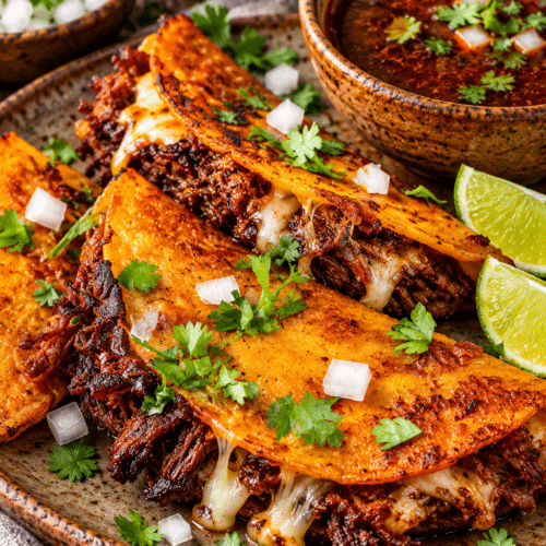 birria tacos with consommé and lime