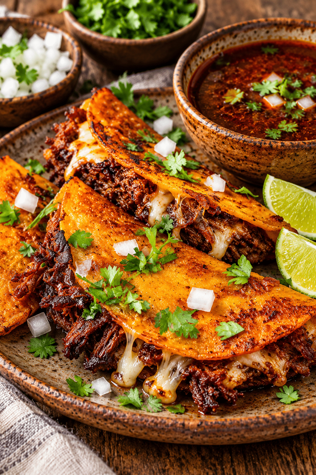 birria tacos with consommé and lime