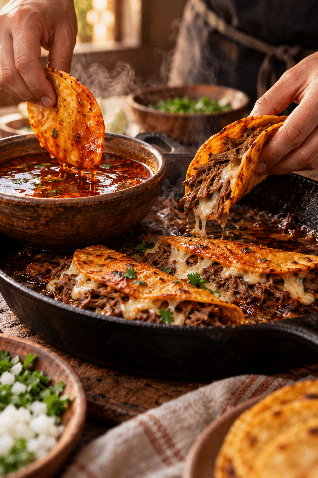 birria tacos preparation in progress