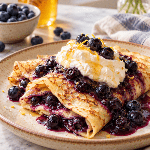 Blueberry crepes folded with honey whipped cream and blueberry sauce