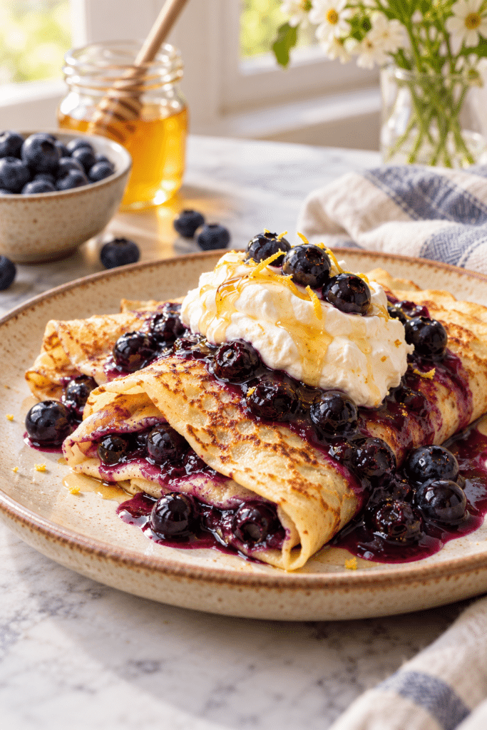 Blueberry crepes folded with honey whipped cream and blueberry sauce