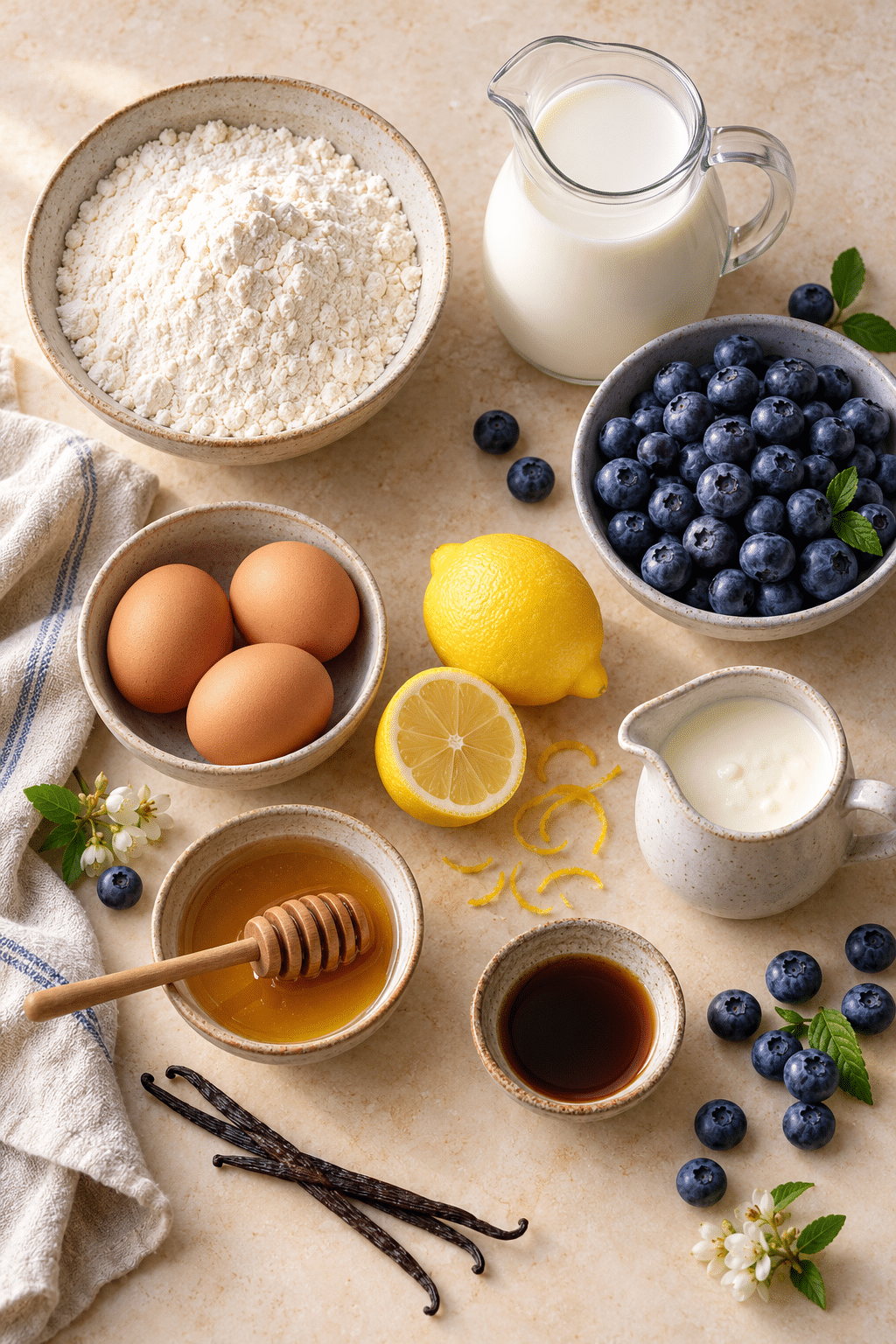 Ingredients for blueberry crepes arranged for cooking