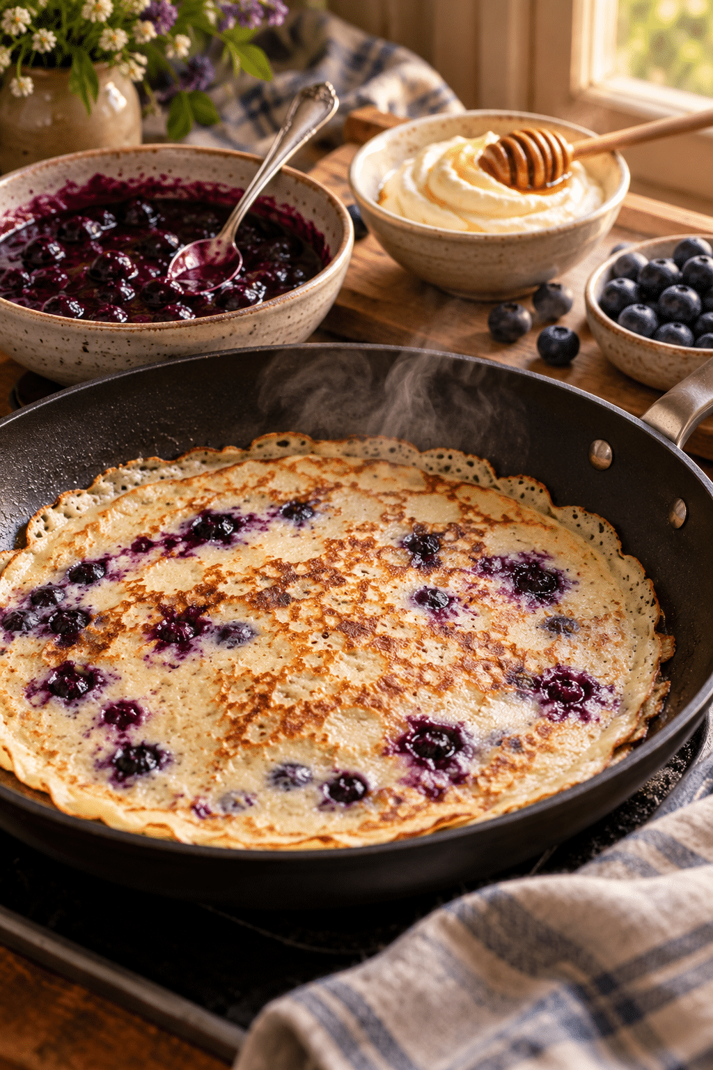 Blueberry crepes cooking in a nonstick skillet
