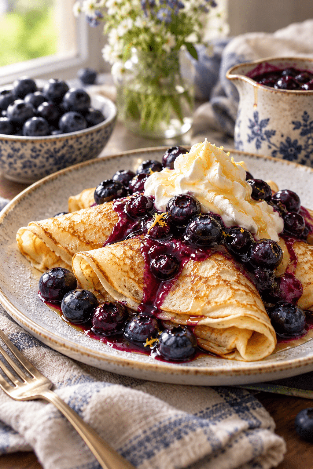 Blueberry crepes topped with warm blueberry sauce