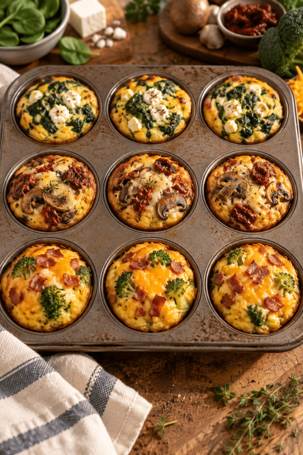 Breakfast egg muffins with three savory fillings