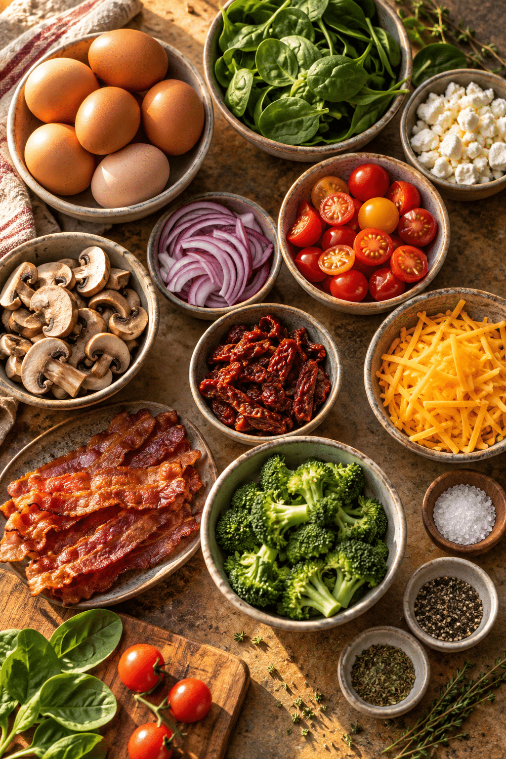 Ingredients arranged for breakfast egg muffins