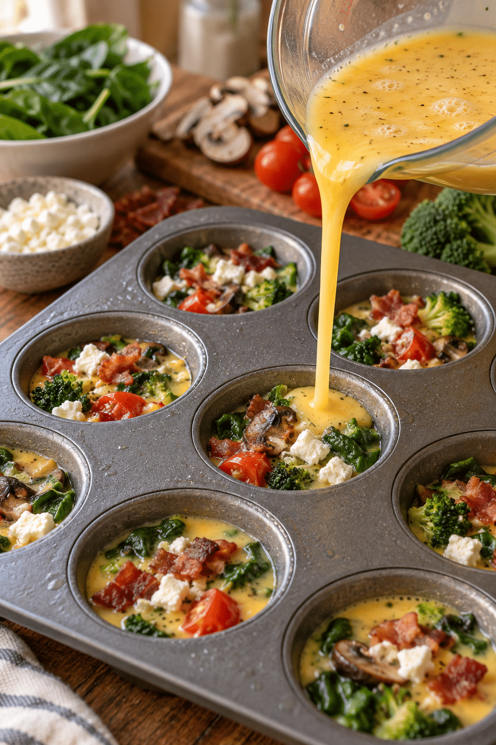 Whisked eggs poured over breakfast egg muffin fillings