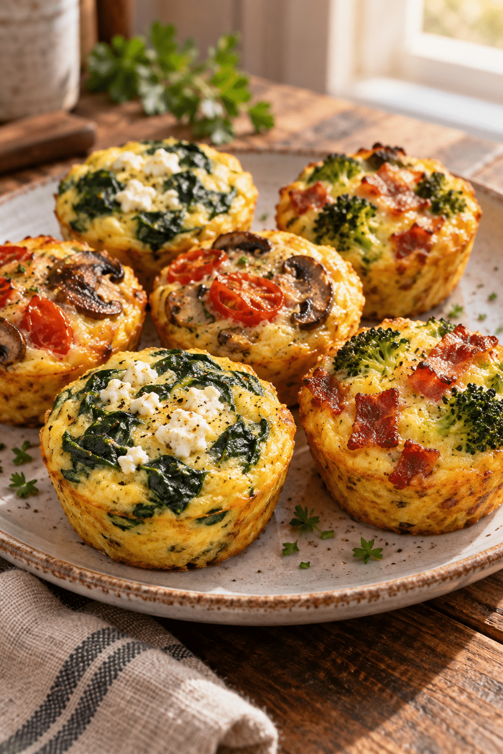Finished breakfast egg muffins with three savory fillings