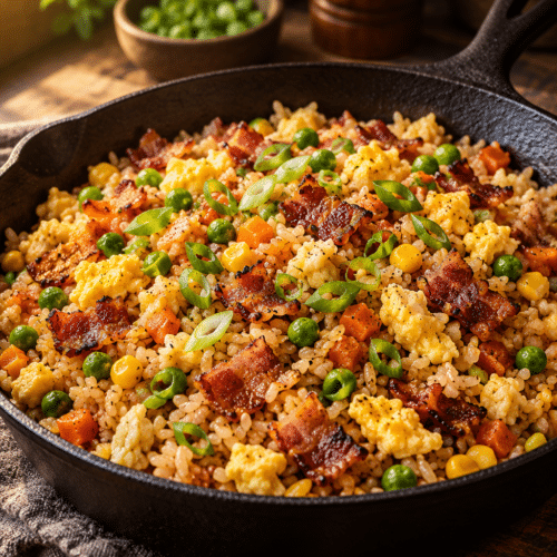 Breakfast fried rice with bacon and eggs in a skillet