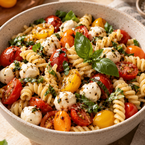 Caprese pasta salad with tomatoes, mozzarella, and basil