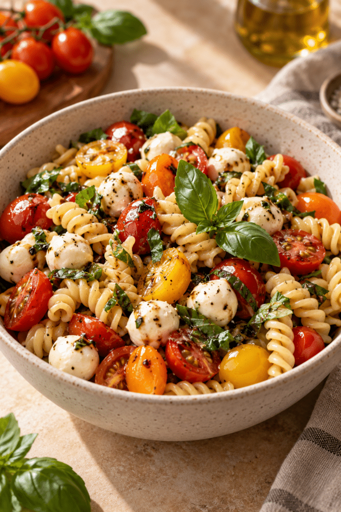 Caprese pasta salad with tomatoes, mozzarella, and basil