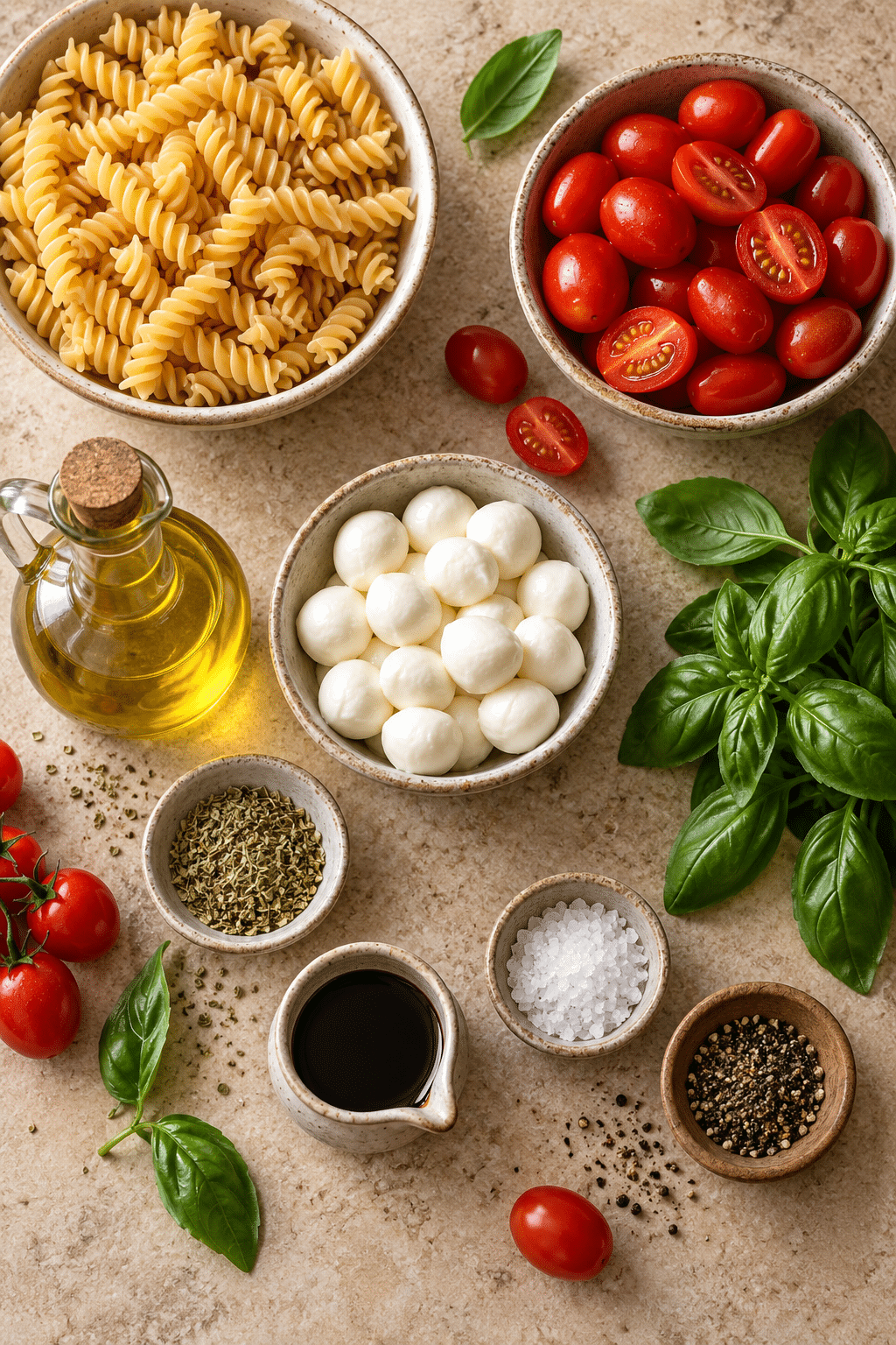 Ingredients for caprese pasta salad arranged on a work surface