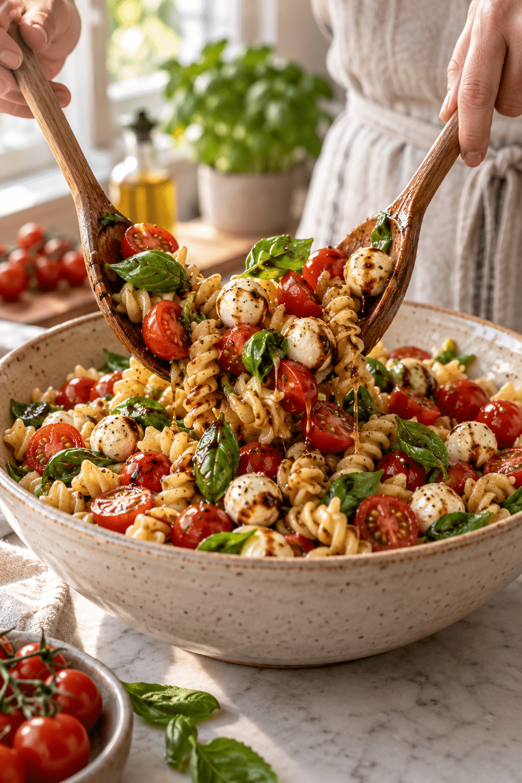 Caprese pasta salad being tossed with balsamic vinaigrette