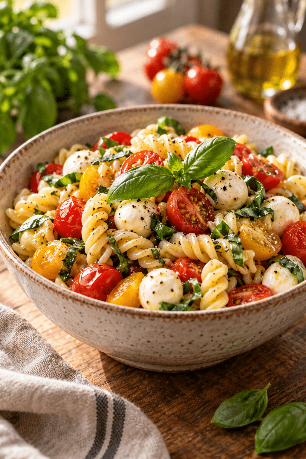 Chilled caprese pasta salad served in a bowl