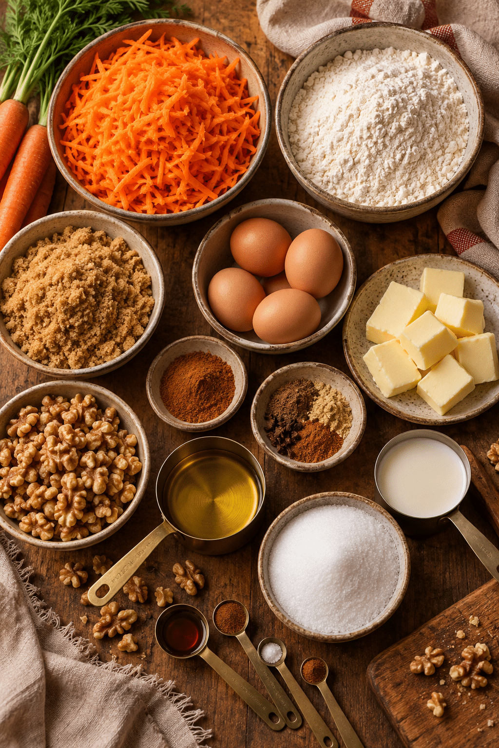 carrot cake ingredients measured and arranged