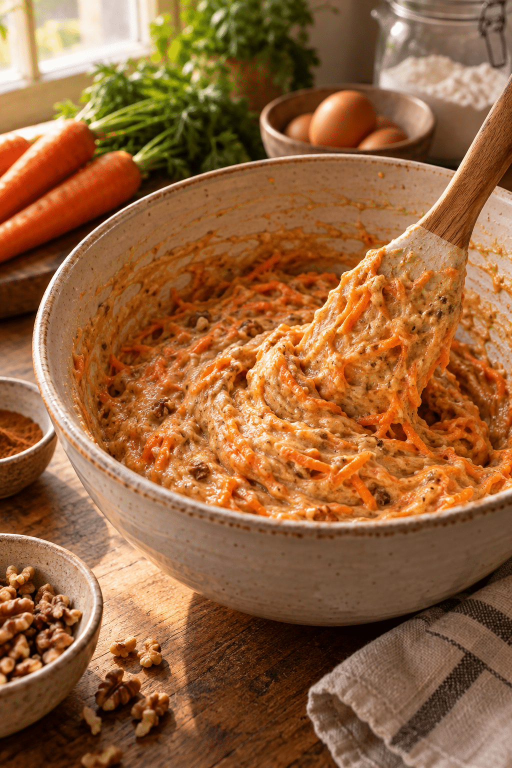 carrot cake batter being folded and prepared