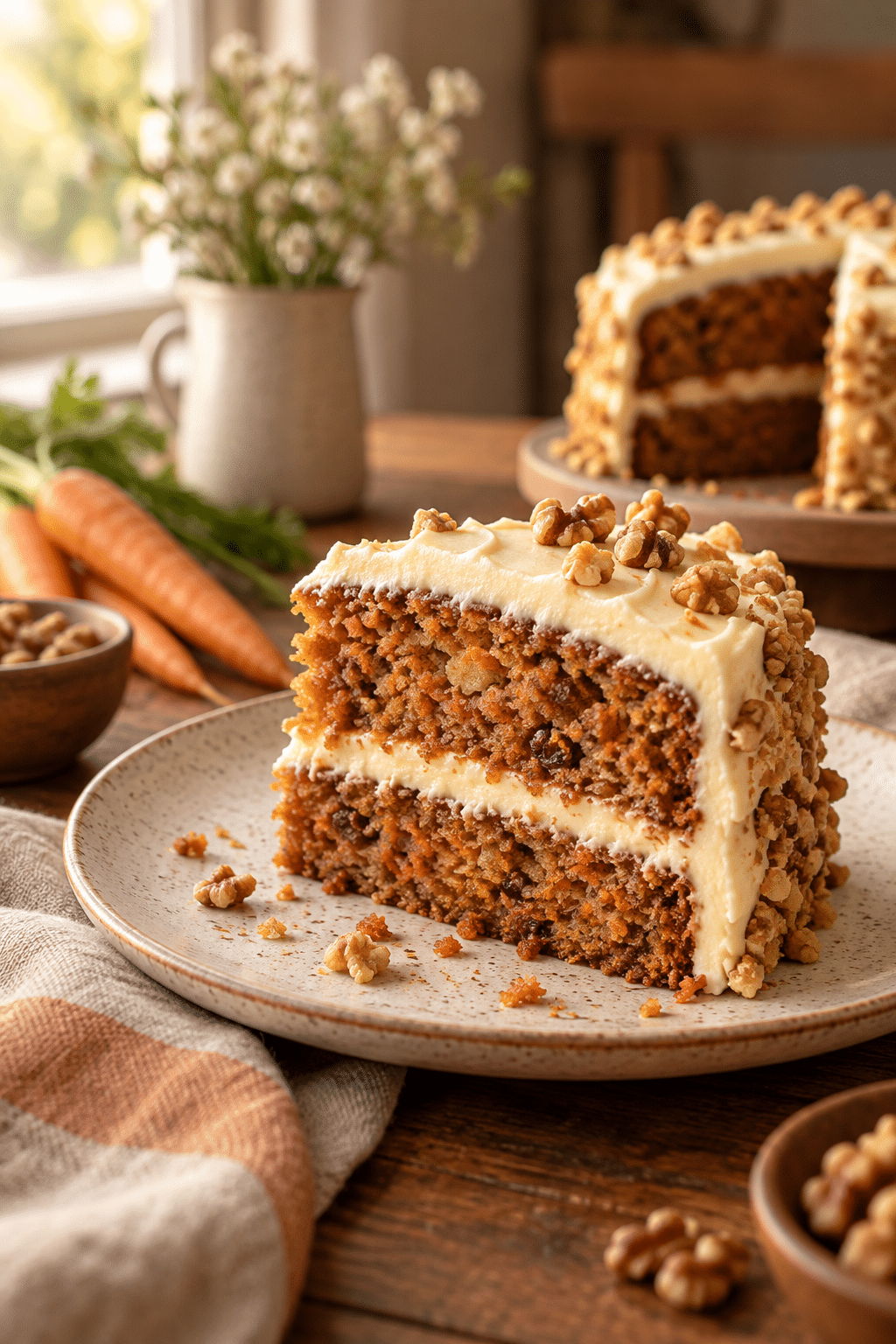 sliced carrot cake ready to serve