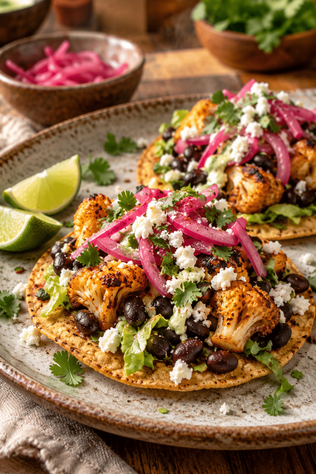 cauliflower black bean tostadas finished dish