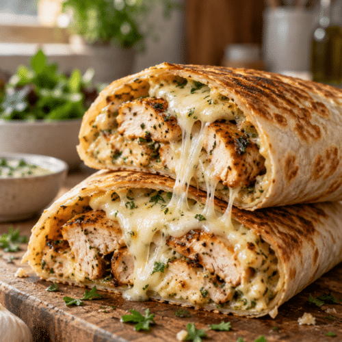 Cheesy garlic chicken wraps sliced to show melted cheese