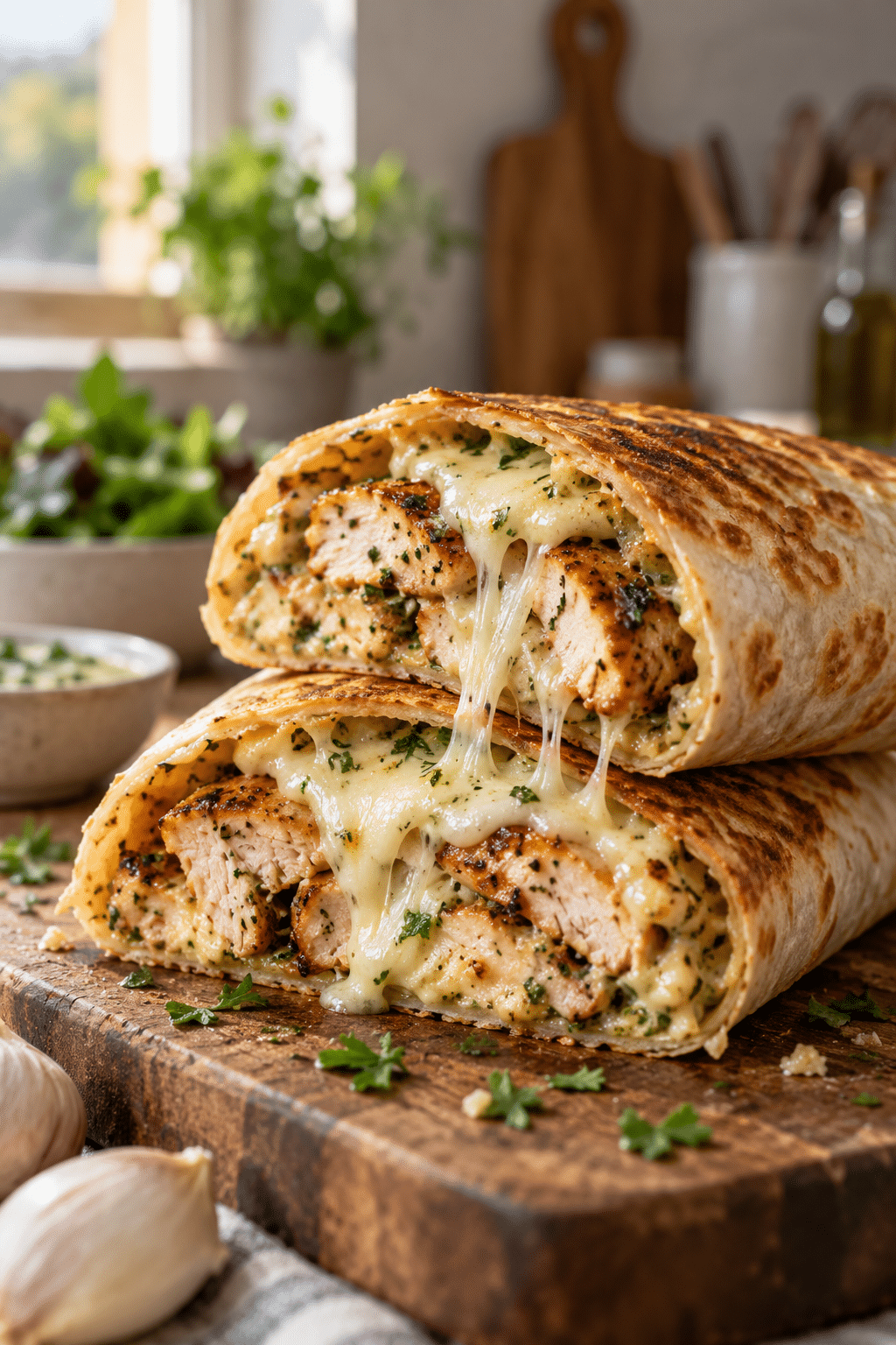 Cheesy garlic chicken wraps sliced to show melted cheese
