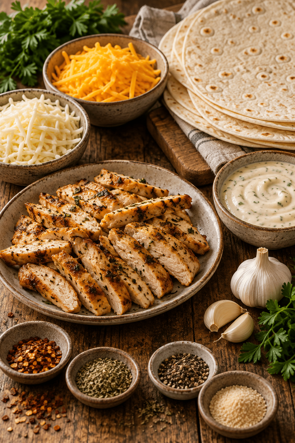 Ingredients for cheesy garlic chicken wraps arranged on a counter