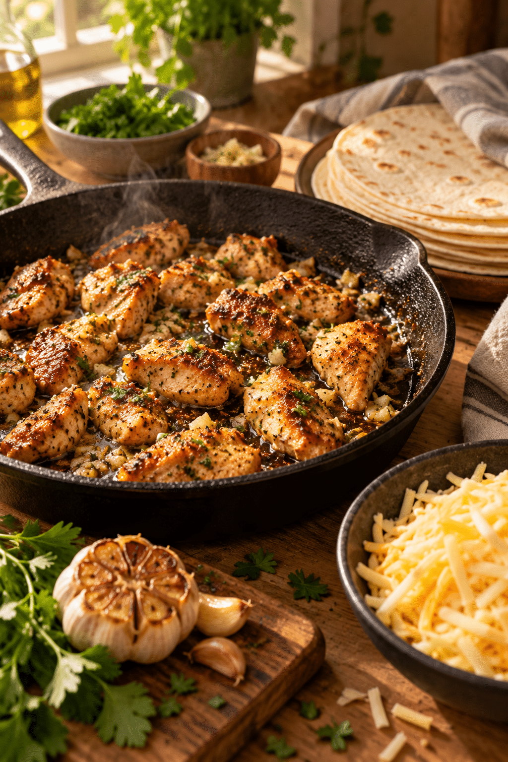 Seasoned chicken cooking for cheesy garlic chicken wraps in a skillet