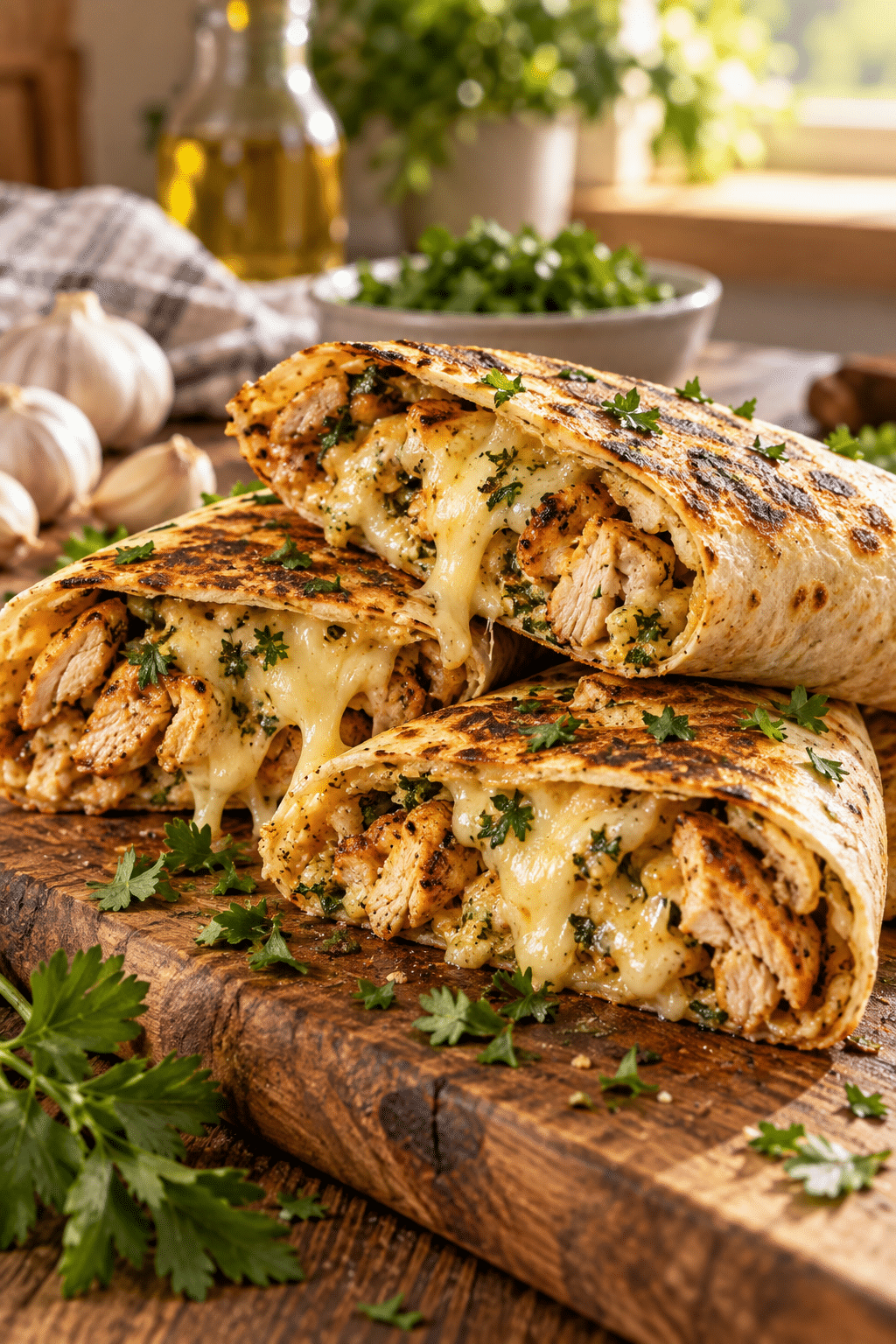 Golden cheesy garlic chicken wraps sliced and ready to serve