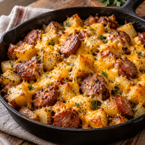 cheesy sausage and potato skillet casserole