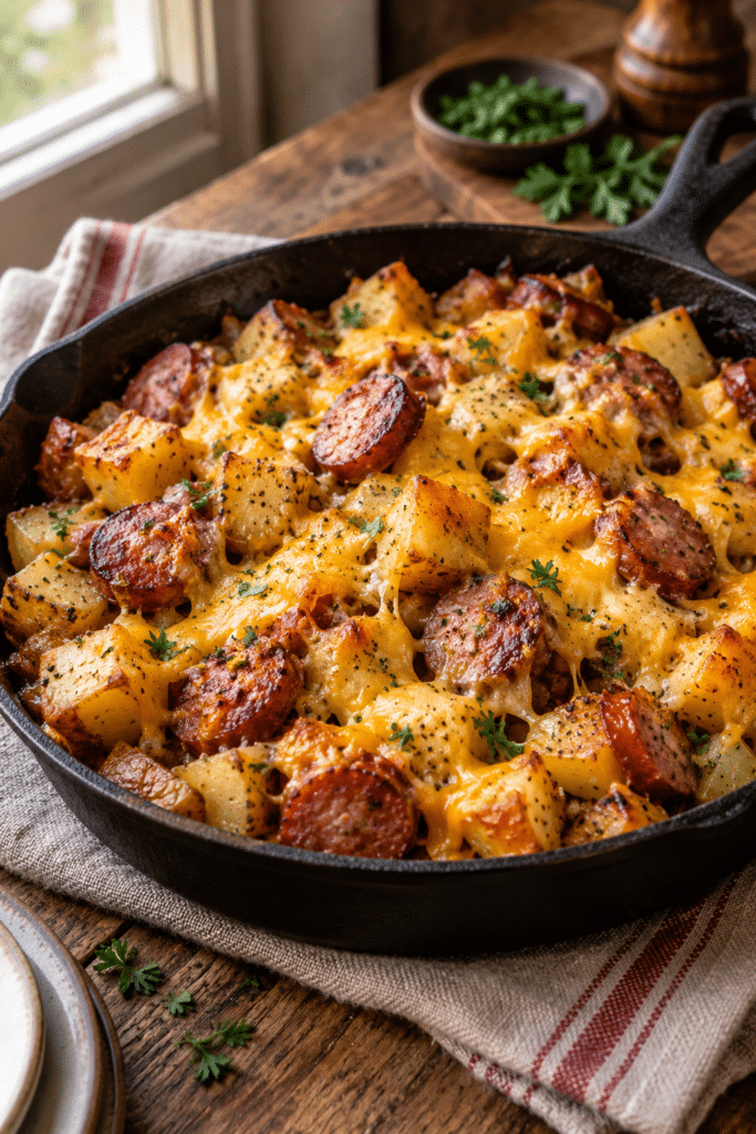 cheesy sausage and potato skillet casserole
