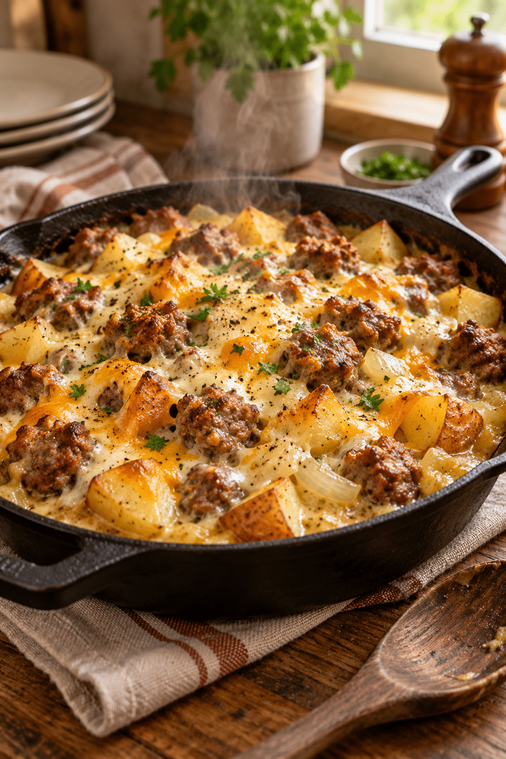 cheesy sausage and potato skillet casserole cooking