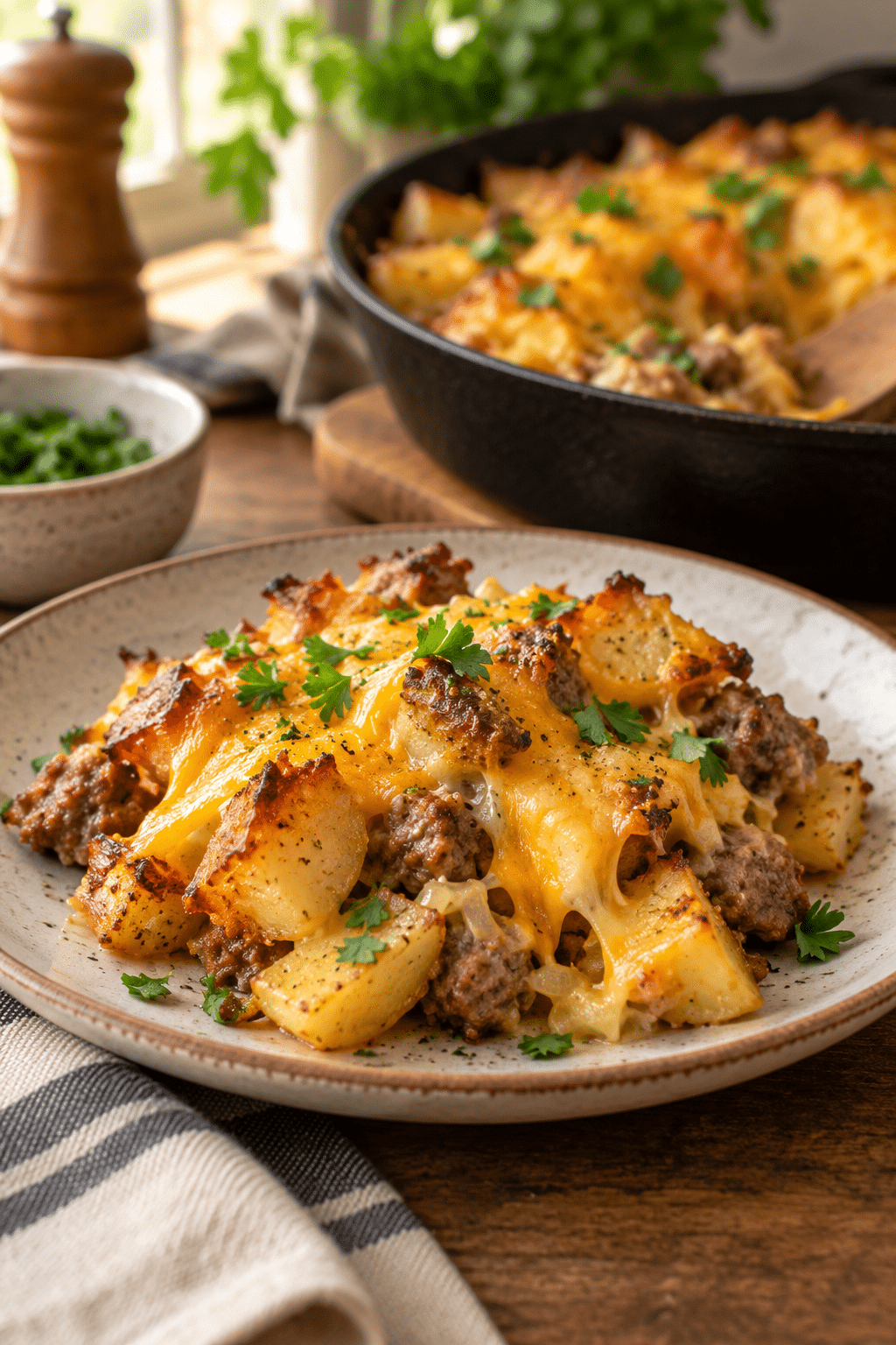 cheesy sausage and potato skillet casserole served hot