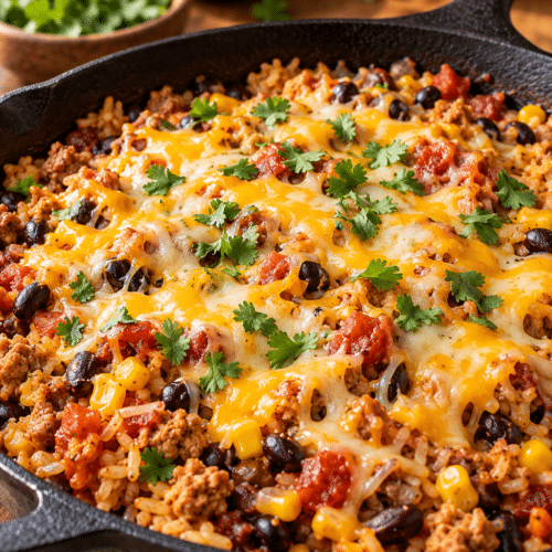 taco skillet with rice and melted cheese