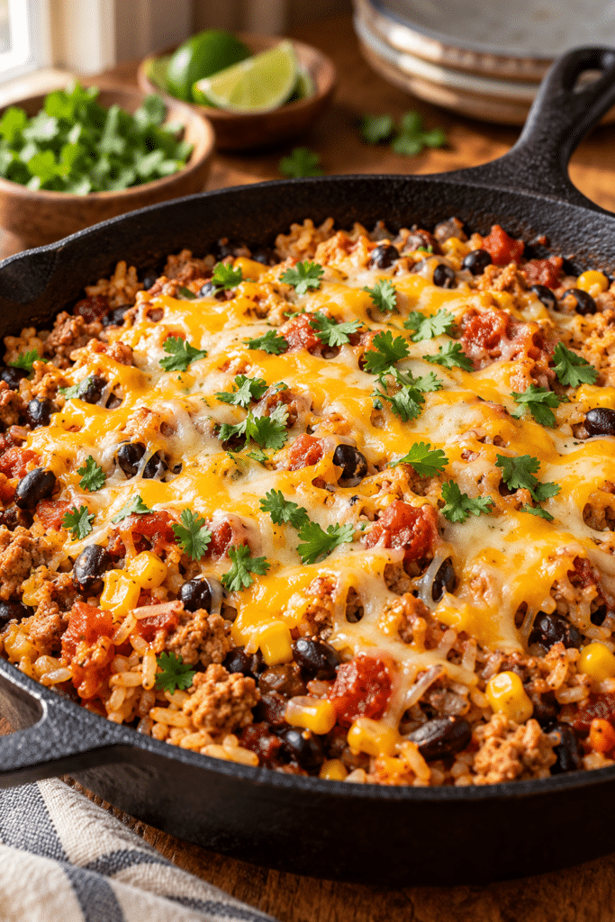 taco skillet with rice and melted cheese